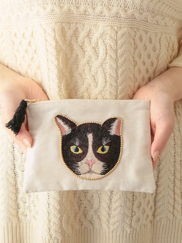 COTTAGE/コテージ　キャット 刺繍 フラットポーチ (M)