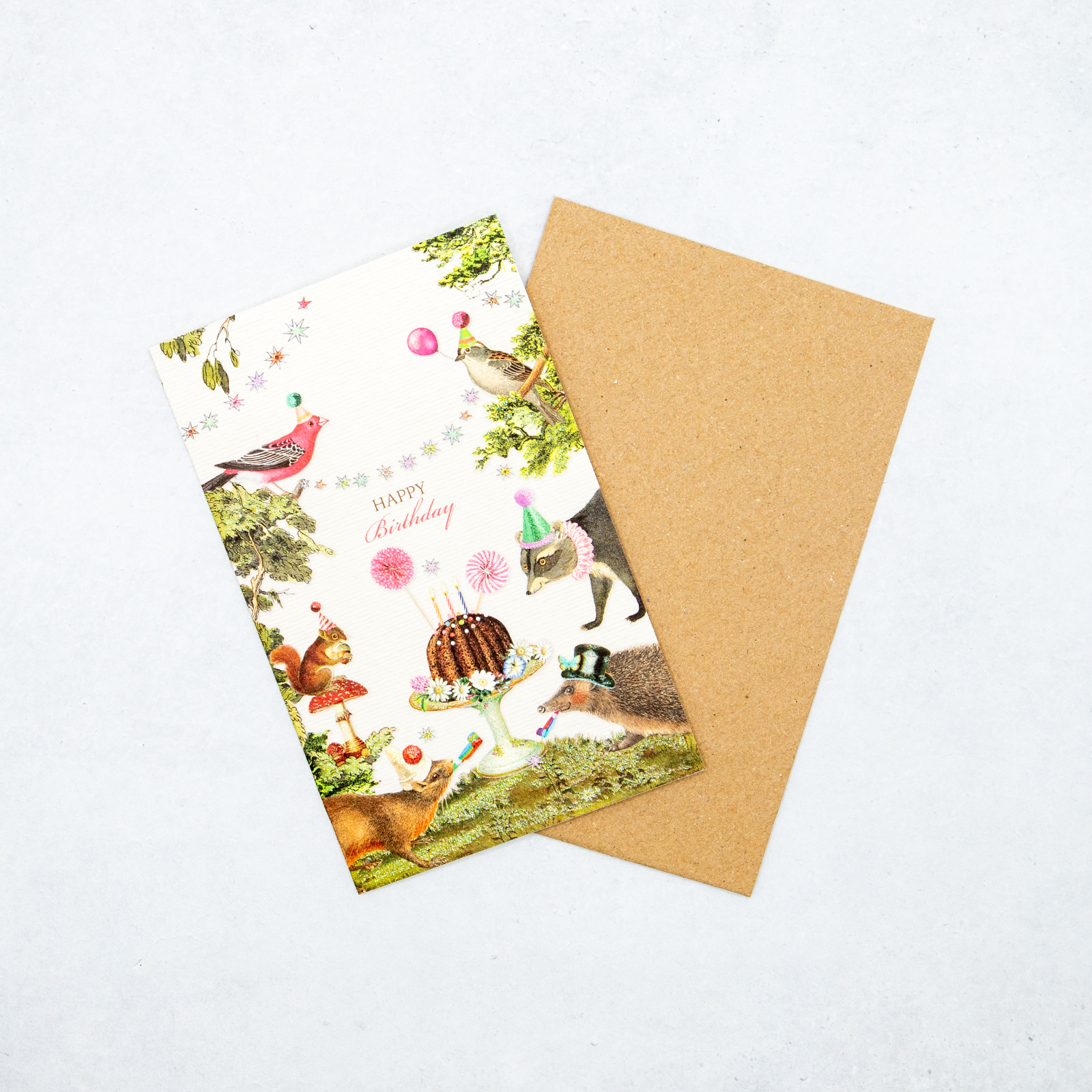 ドイツ　キラキラグリッター　グリーティングカード　トリ、リス　Happy Birthday