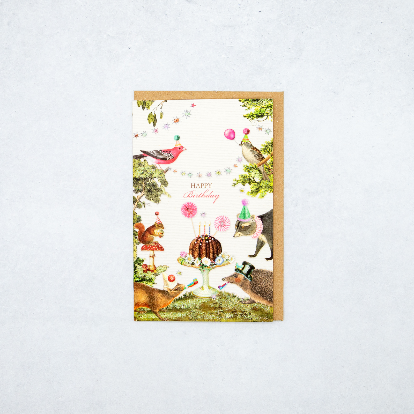 ドイツ　キラキラグリッター　グリーティングカード　トリ、リス　Happy Birthday