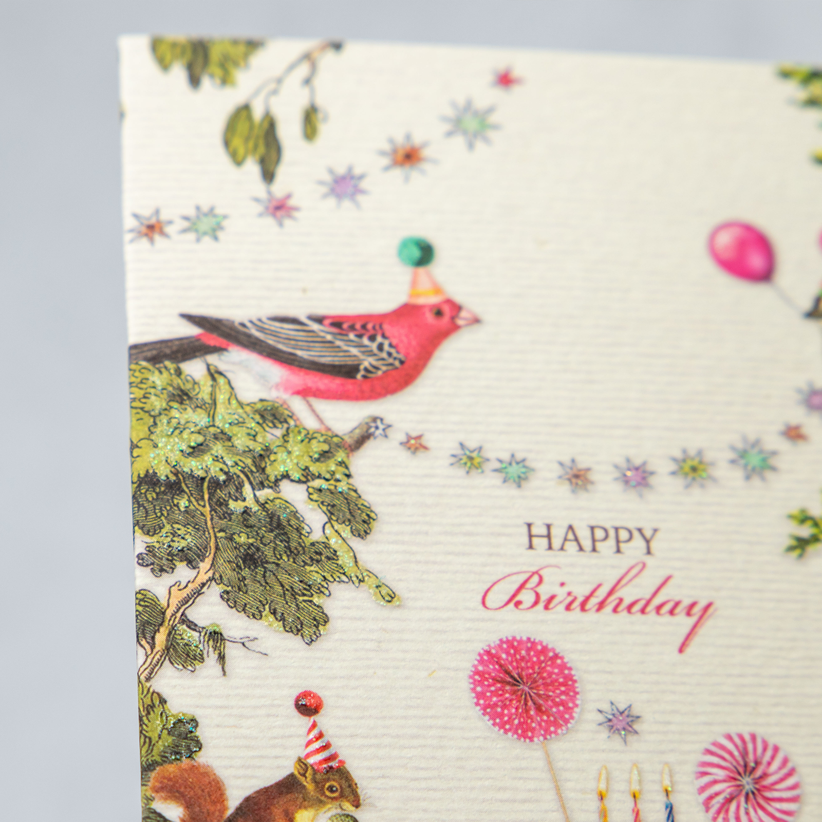 ドイツ　キラキラグリッター　グリーティングカード　トリ、リス　Happy Birthday