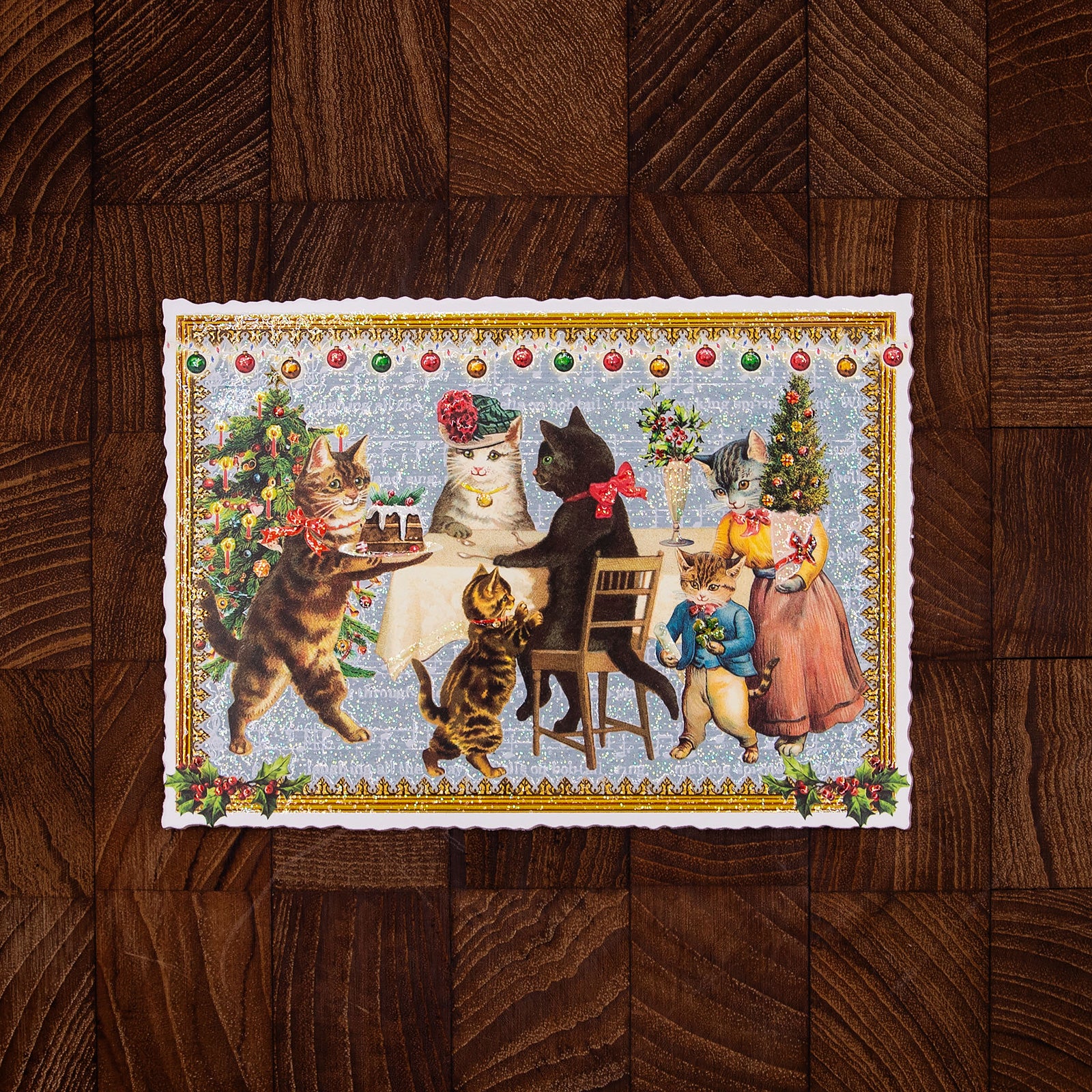 ドイツ製 クリスマス ポストカード ラメ＆ダイカット加工 ネコのクリスマス