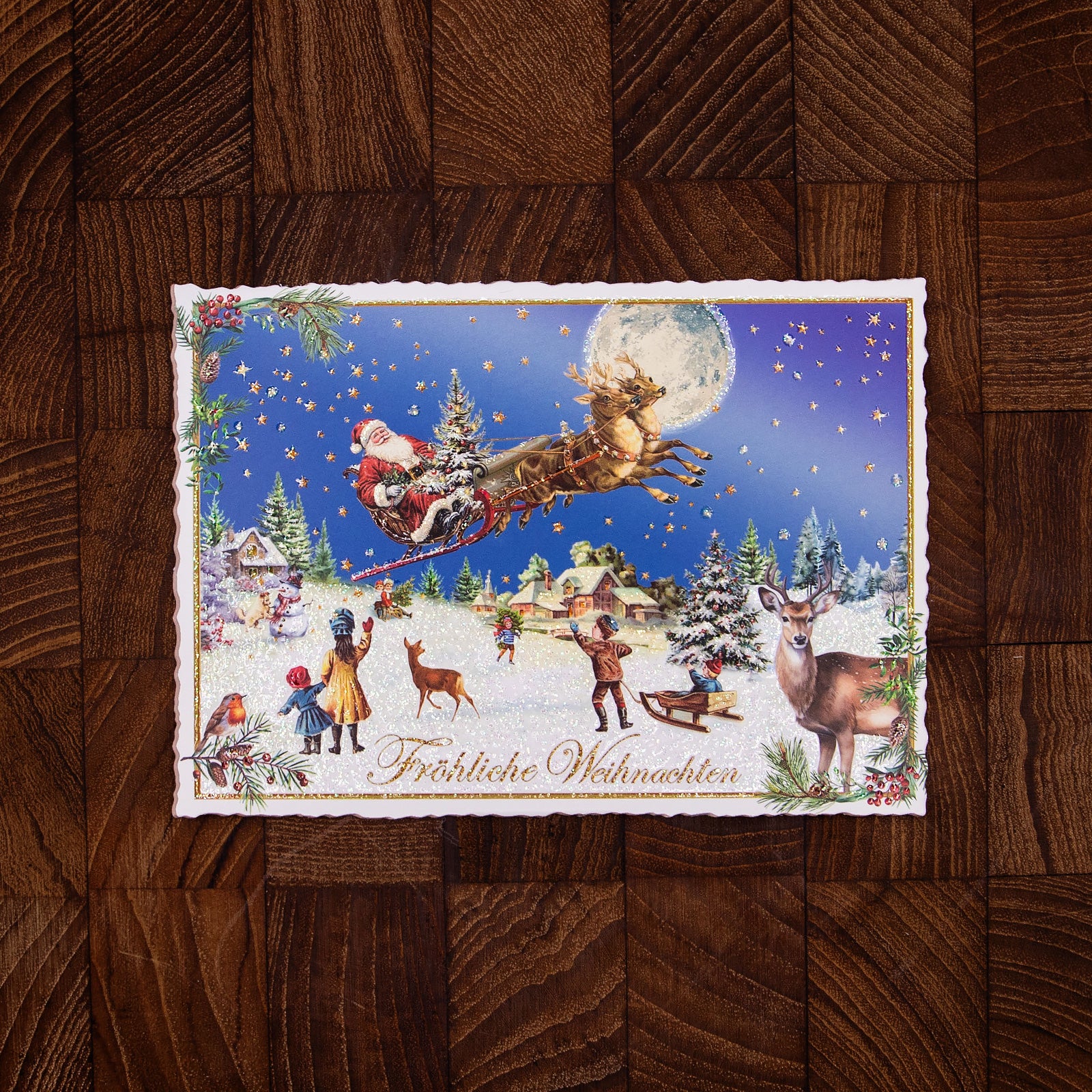 ドイツ製 クリスマス ポストカード ラメ＆ダイカット加工 サンタとトナカイ