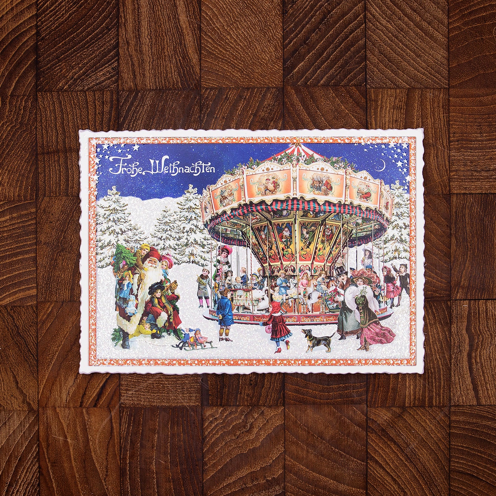 ドイツ製 クリスマス ポストカード ラメ＆ダイカット加工 サンタとメリーゴーランド