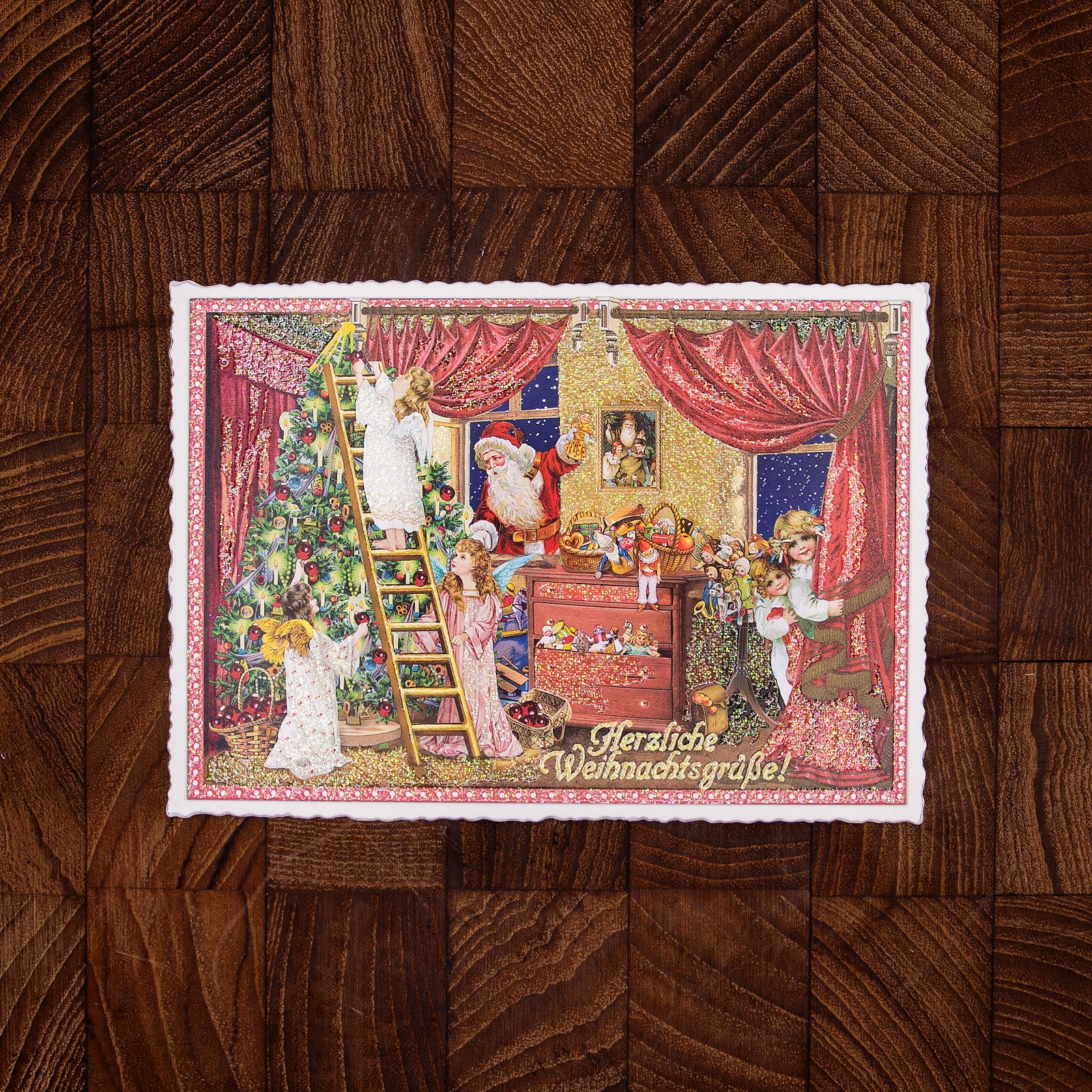 ドイツ製 クリスマス ポストカード ラメ＆ダイカット加工 天使の子供たち