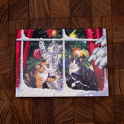 LANG社　クリスマスグリーティングカード　キラキラグリッター加工　カラーデザイン封筒付き　窓辺のネコたち