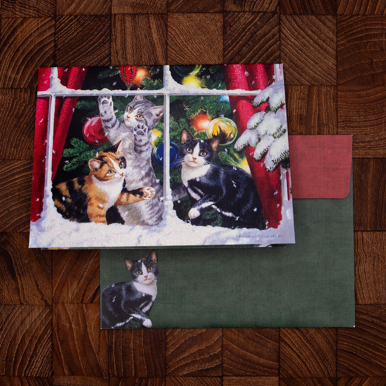 LANG社　クリスマスグリーティングカード　キラキラグリッター加工　カラーデザイン封筒付き　窓辺のネコたち