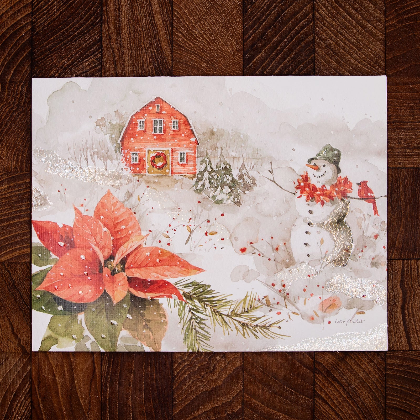 LANG社　クリスマスグリーティングカード　2つ折り　カラー封筒付き　Poinsettia Village