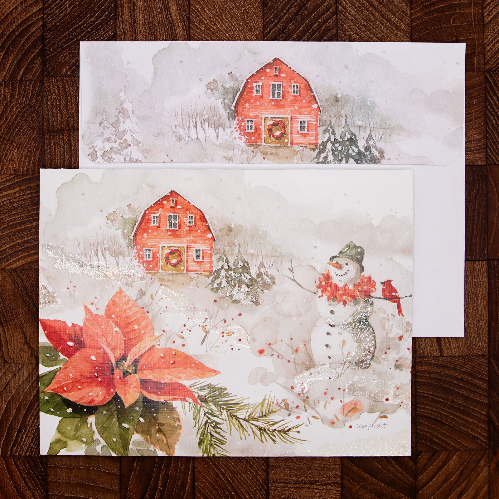 LANG社　クリスマスグリーティングカード　2つ折り　カラー封筒付き　Poinsettia Village