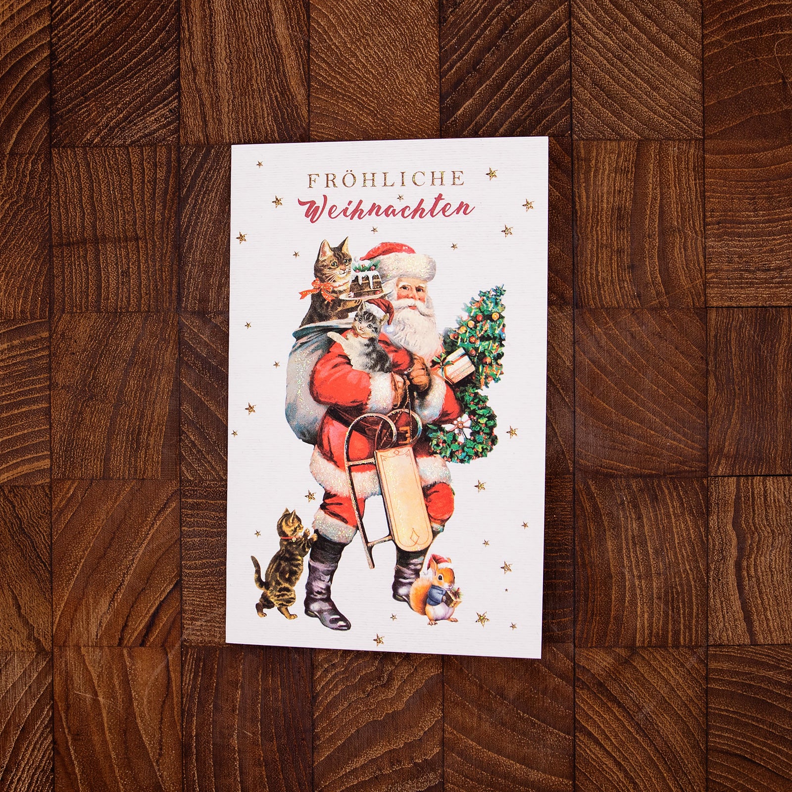 ドイツ製 クリスマス キラキラグリッター　グリーティングカード　サンタクロース＆ネコ