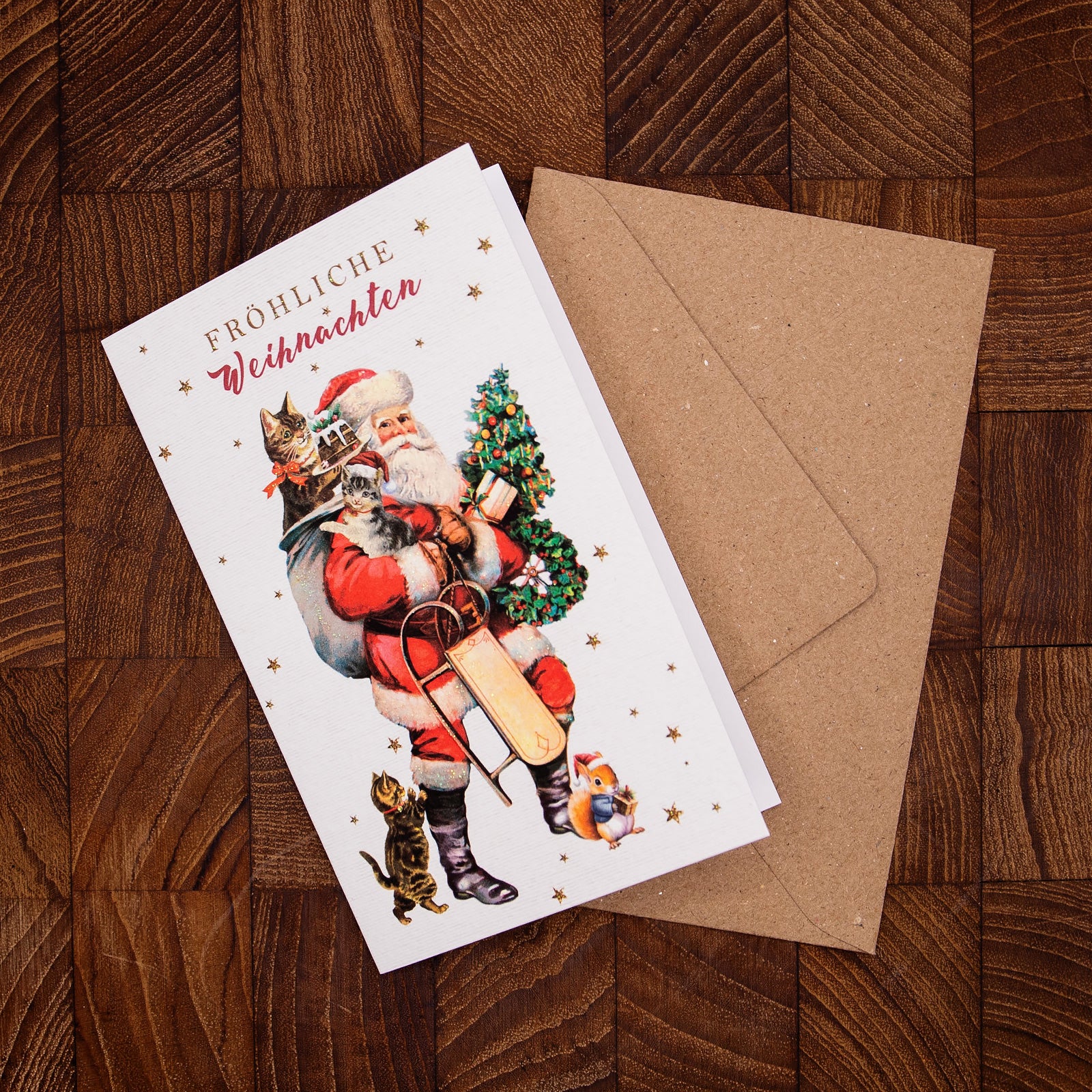 ドイツ製 クリスマス キラキラグリッター　グリーティングカード　サンタクロース＆ネコ