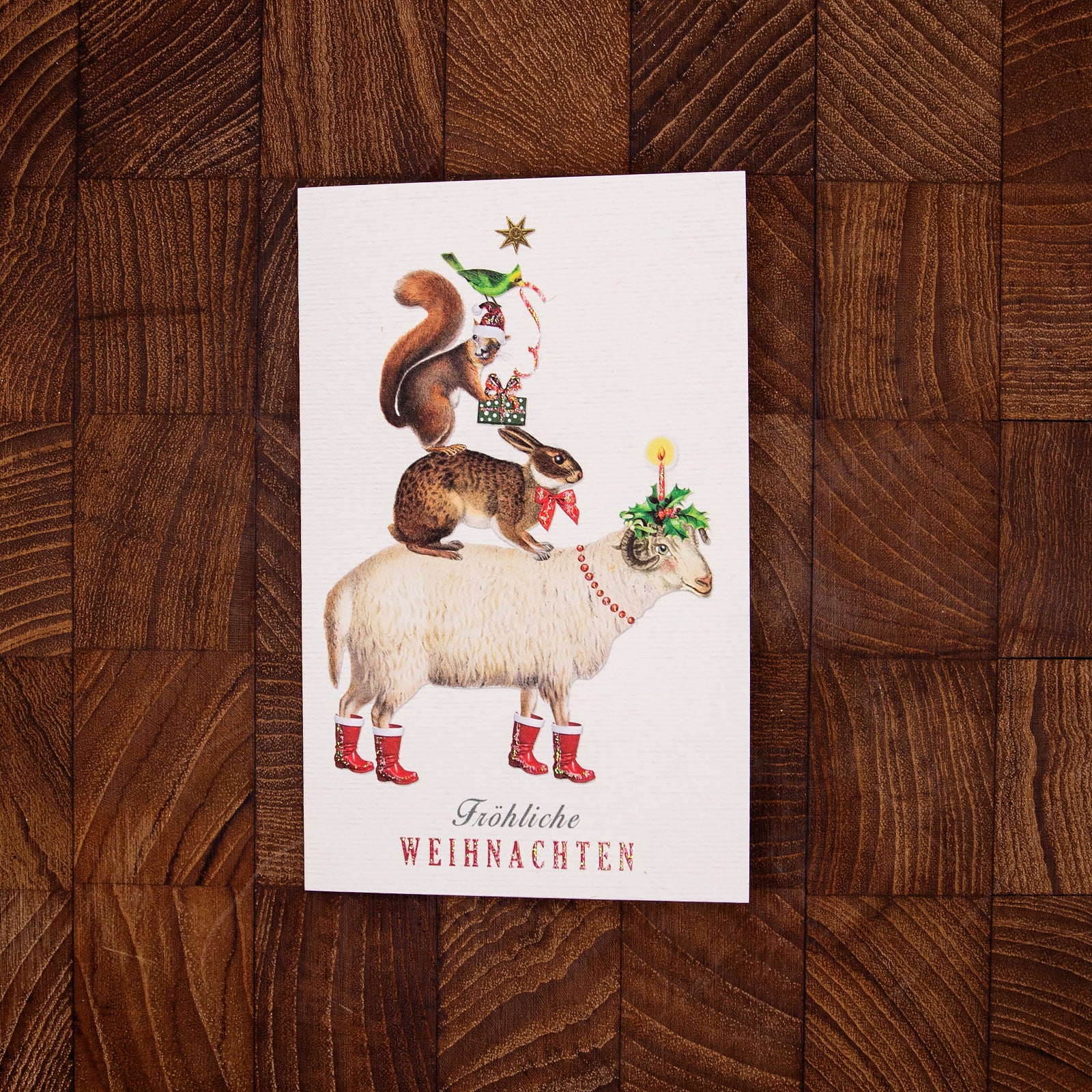 ドイツ製 クリスマス キラキラグリッター　グリーティングカード　ヒツジ、ウサギ、リス、小鳥