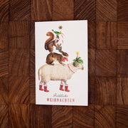 ドイツ製 クリスマス キラキラグリッター　グリーティングカード　ヒツジ、ウサギ、リス、小鳥