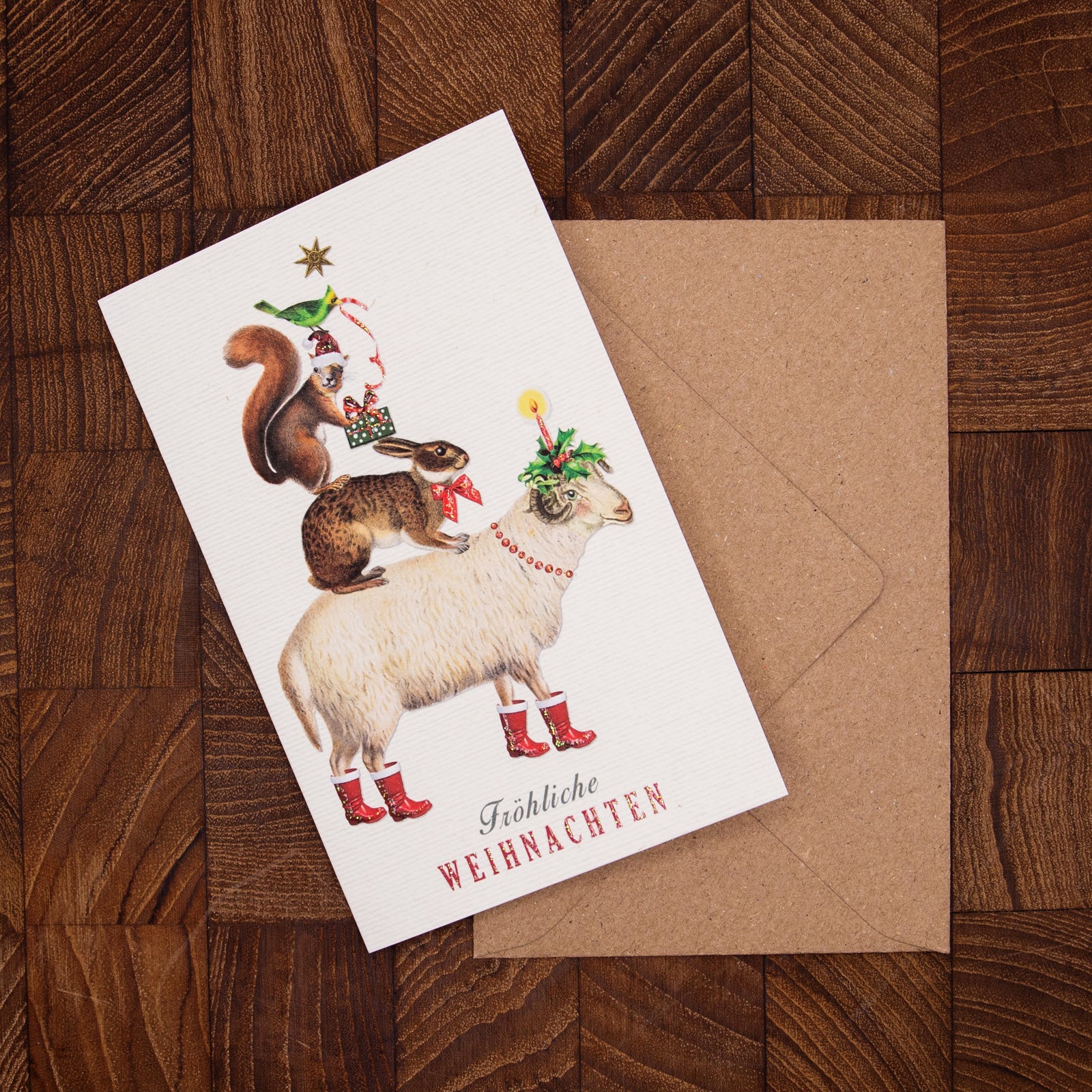 ドイツ製 クリスマス キラキラグリッター　グリーティングカード　ヒツジ、ウサギ、リス、小鳥