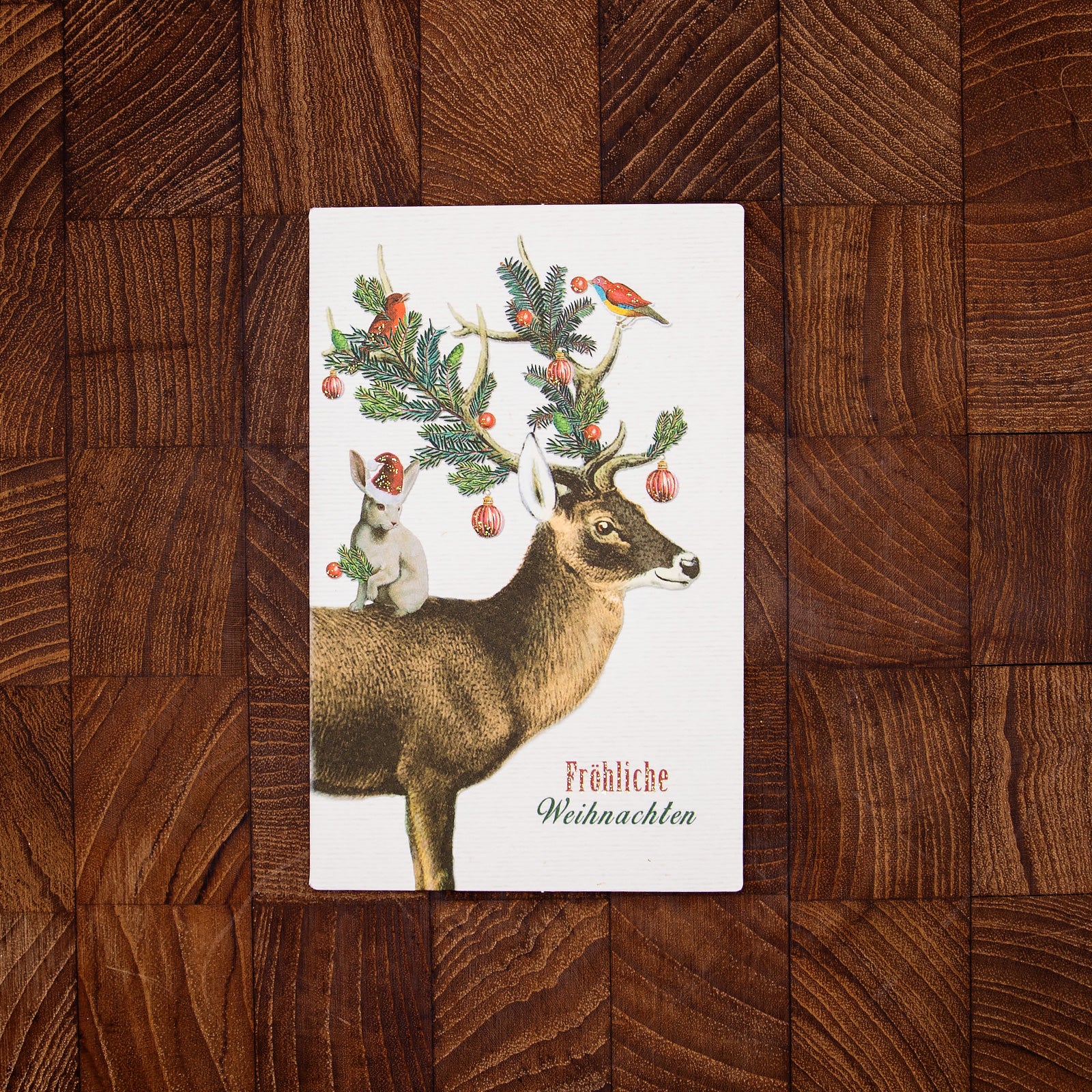 ドイツ製 クリスマス キラキラグリッター　グリーティングカード　ウサギとトナカイ