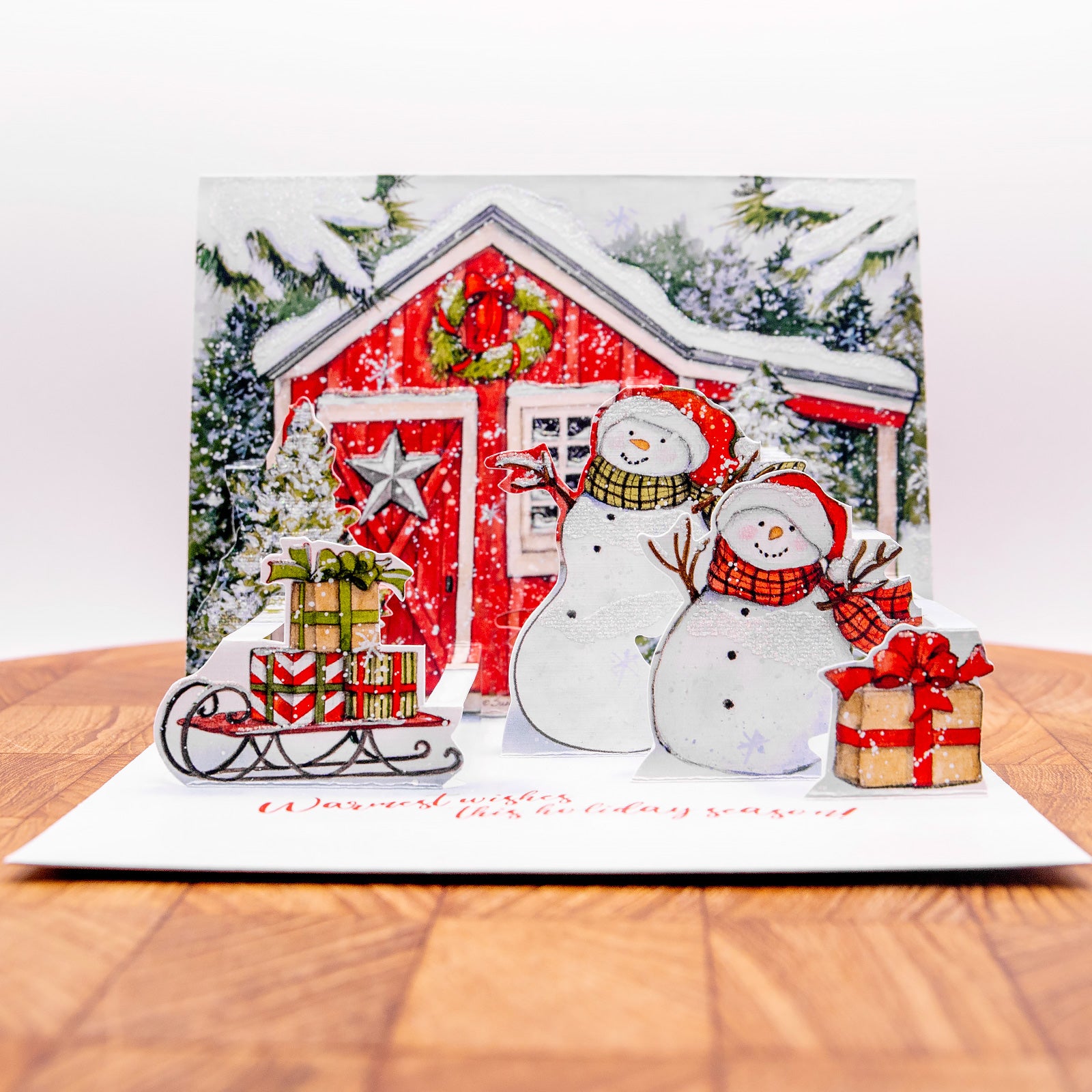 LANG社　クリスマスPOP-UP　グリッターつきグリーティングカード　カラーデザイン封筒付き　Snowman’s　Farmhouse