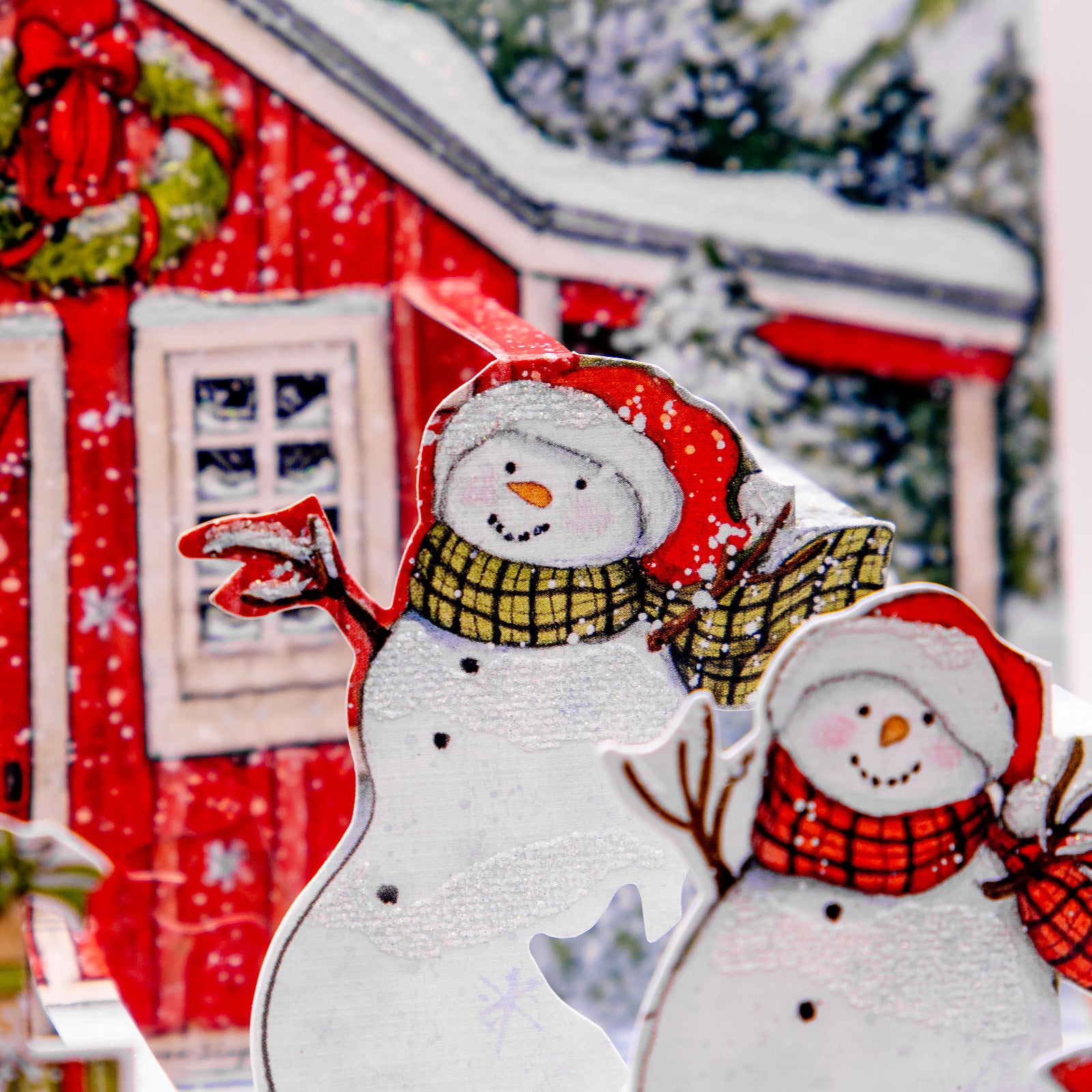 LANG社　クリスマスPOP-UP　グリッターつきグリーティングカード　カラーデザイン封筒付き　Snowman’s　Farmhouse