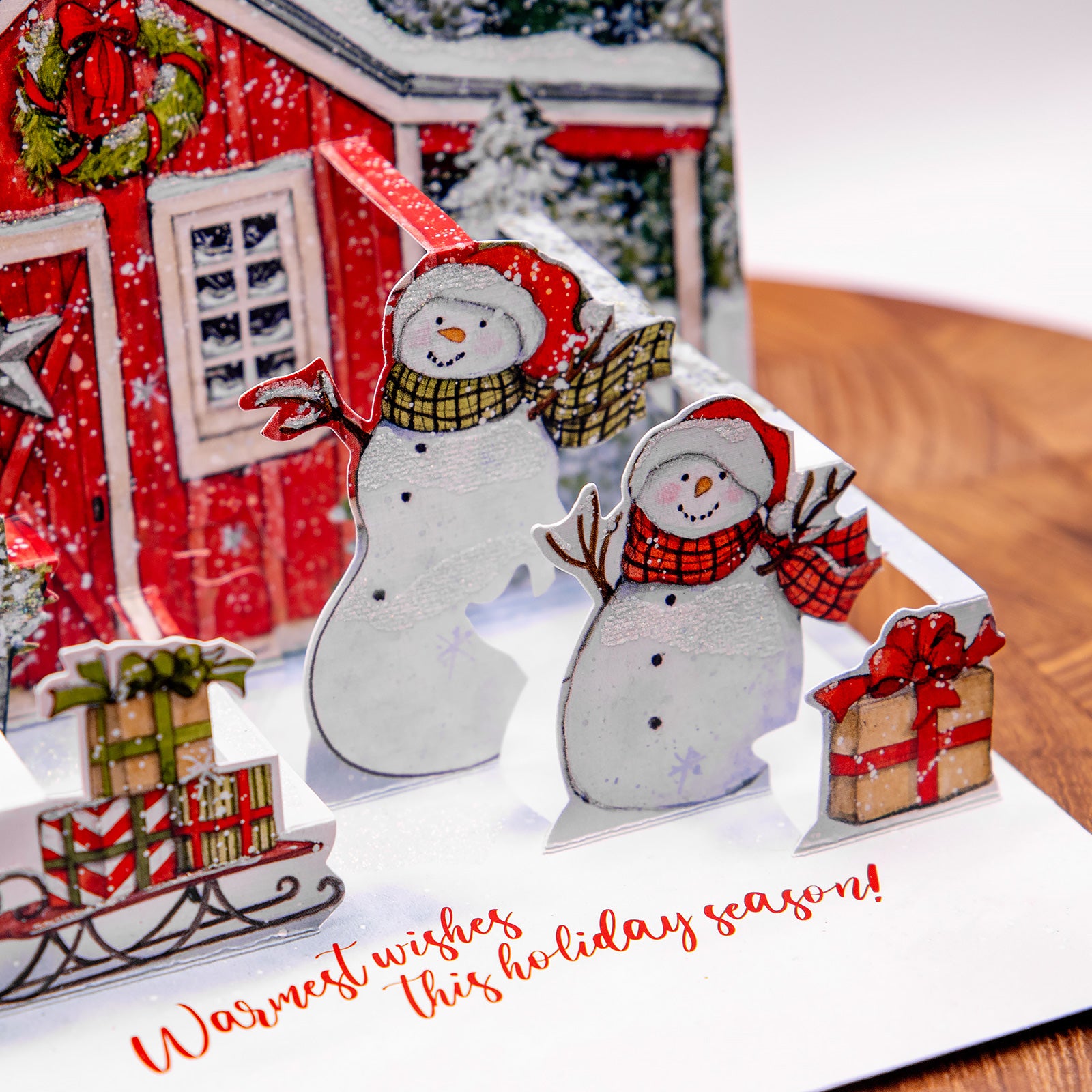 LANG社　クリスマスPOP-UP　グリッターつきグリーティングカード　カラーデザイン封筒付き　Snowman’s　Farmhouse