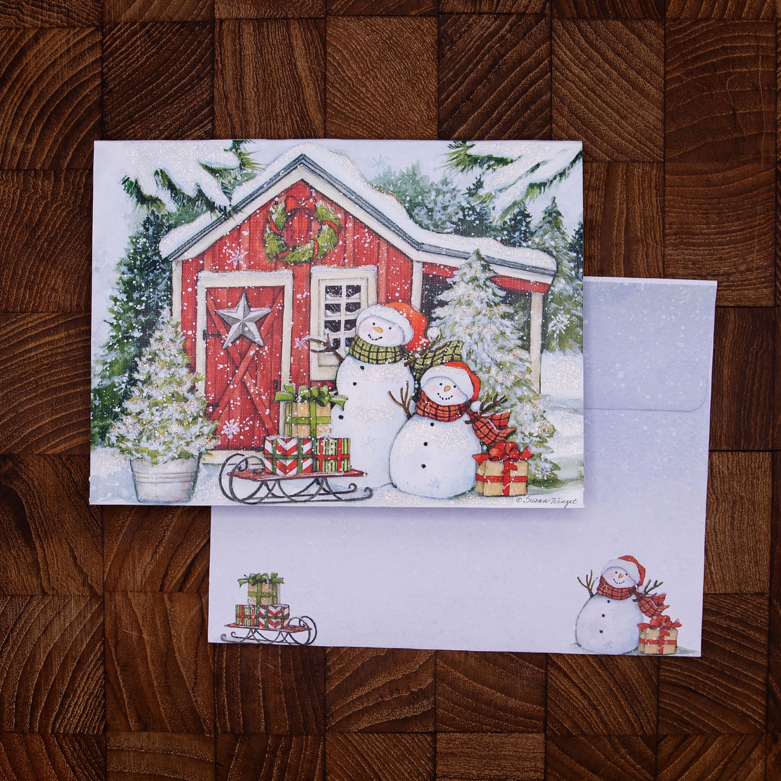 LANG社　クリスマスPOP-UP　グリッターつきグリーティングカード　カラーデザイン封筒付き　Snowman’s　Farmhouse