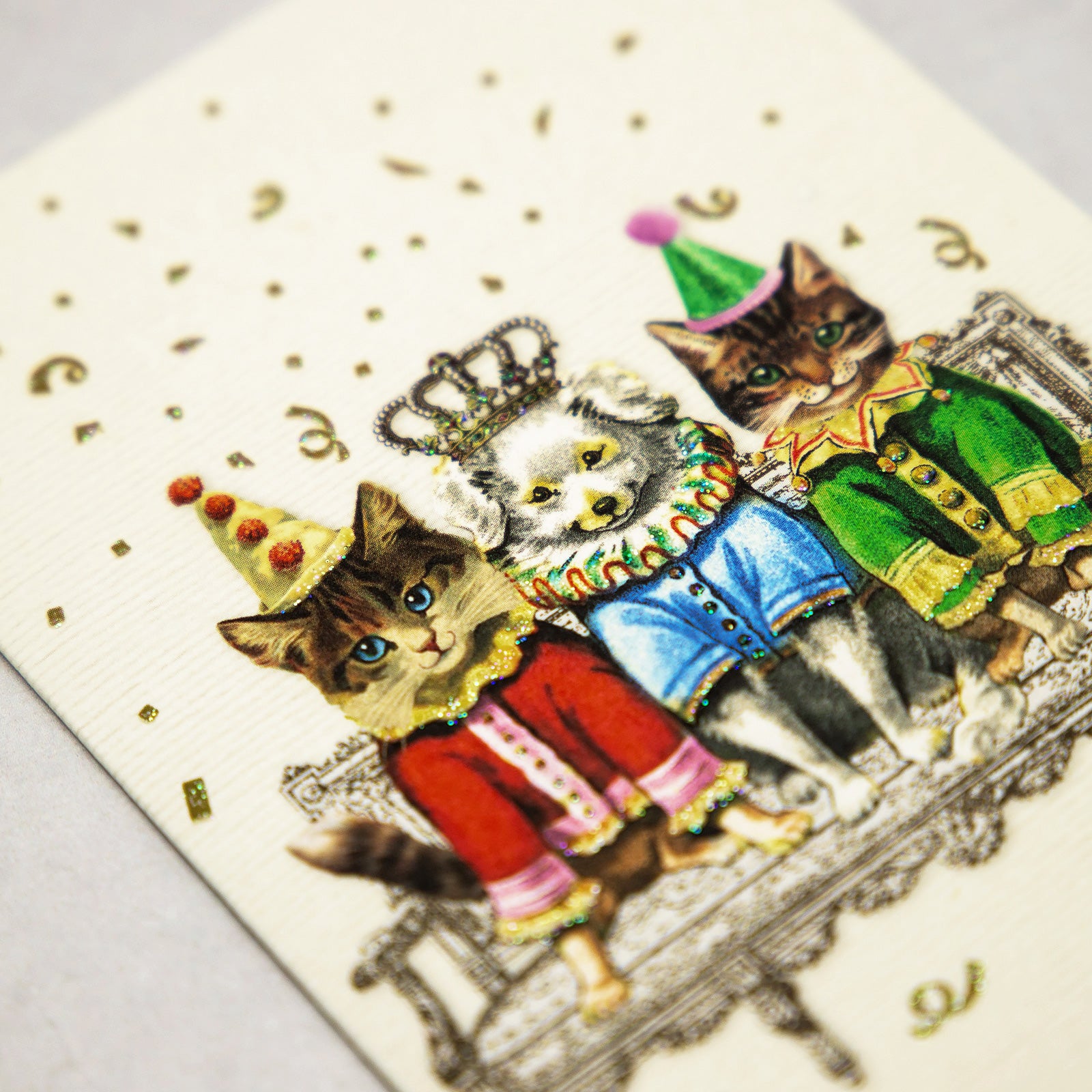 ドイツ　キラキラグリッター　グリーティングカード　ネコ2匹とイヌ1匹　Happy Birthday
