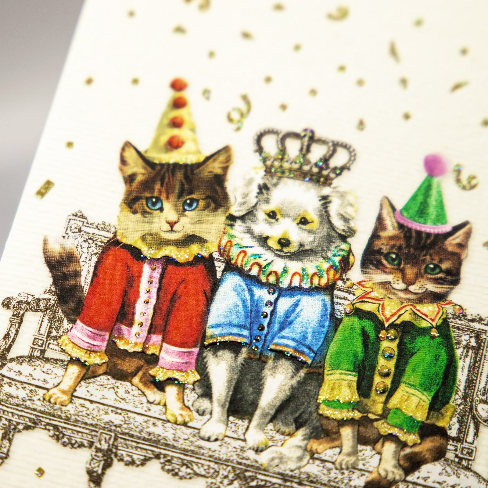 ドイツ　キラキラグリッター　グリーティングカード　ネコ2匹とイヌ1匹　Happy Birthday