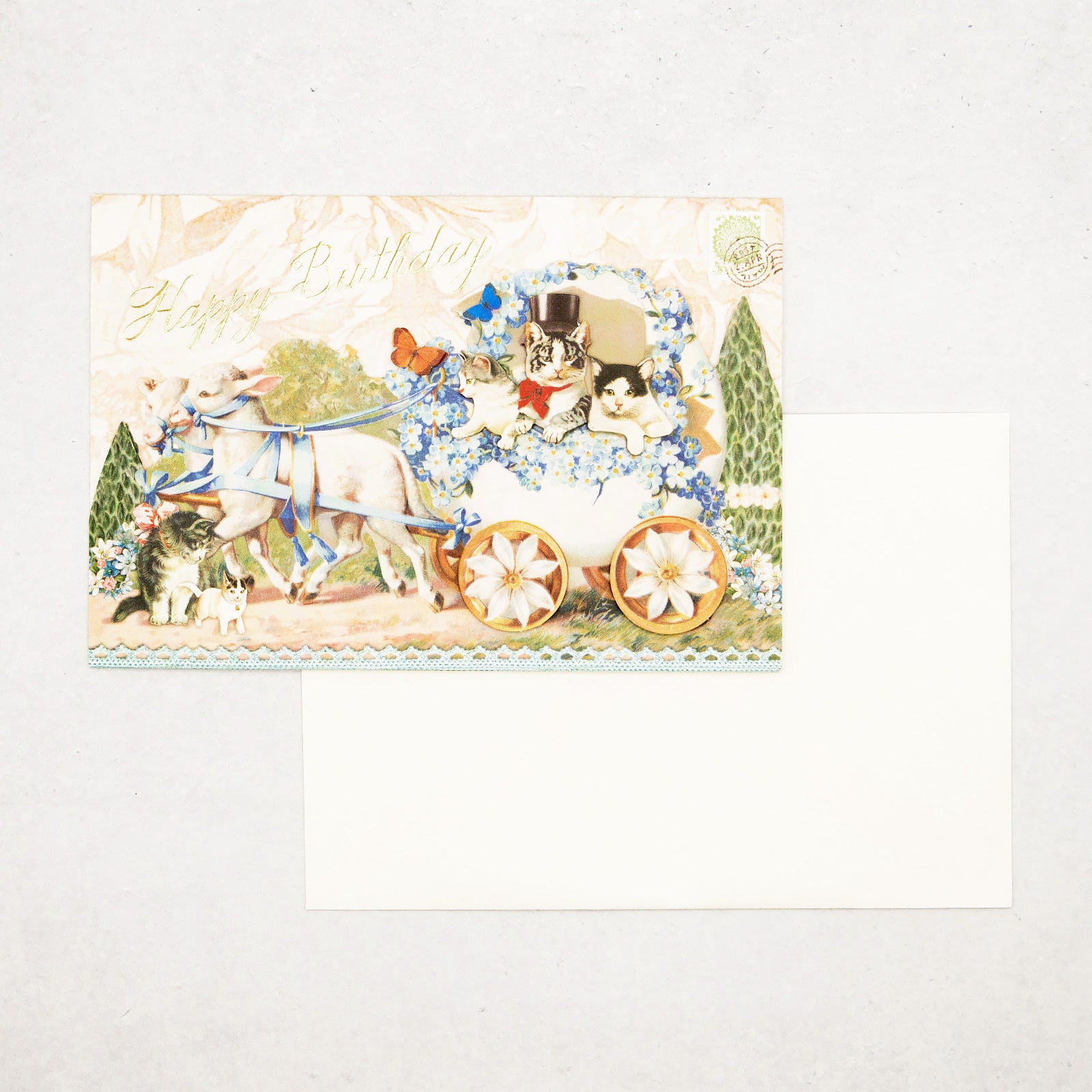 立体箔押し　グリーティング カード 猫と花車　Happy Birthday