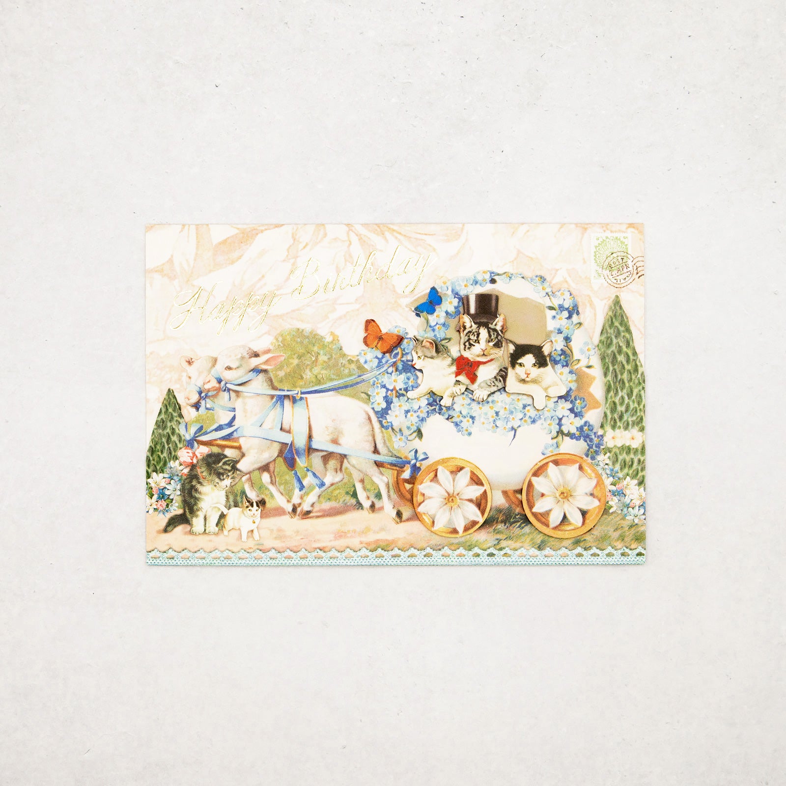 立体箔押し　グリーティング カード 猫と花車　Happy Birthday