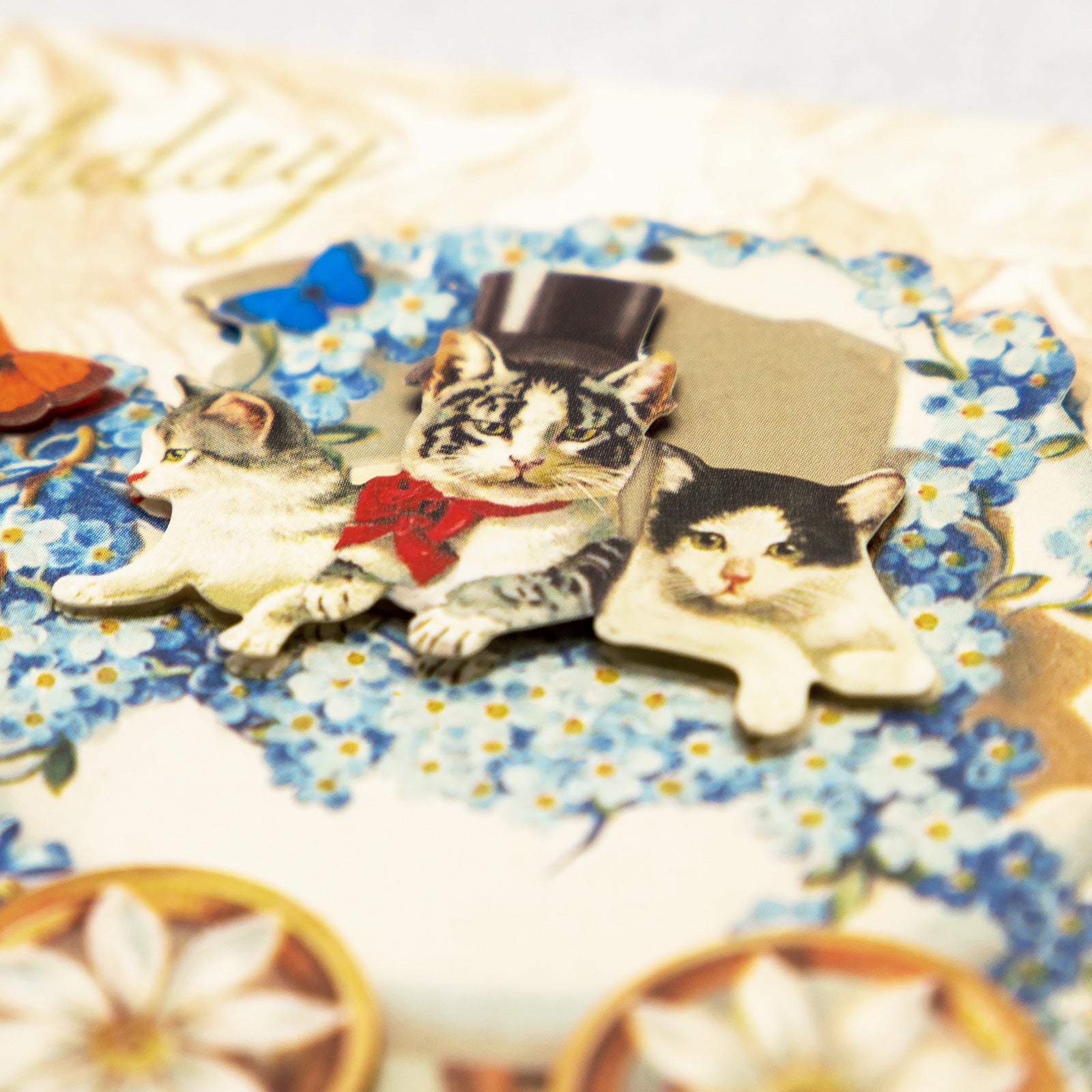 立体箔押し　グリーティング カード 猫と花車　Happy Birthday