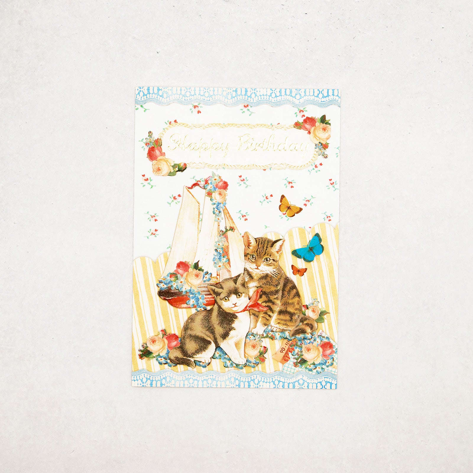 立体箔押し　グリーティング カード 猫と蝶々　Happy Birthday