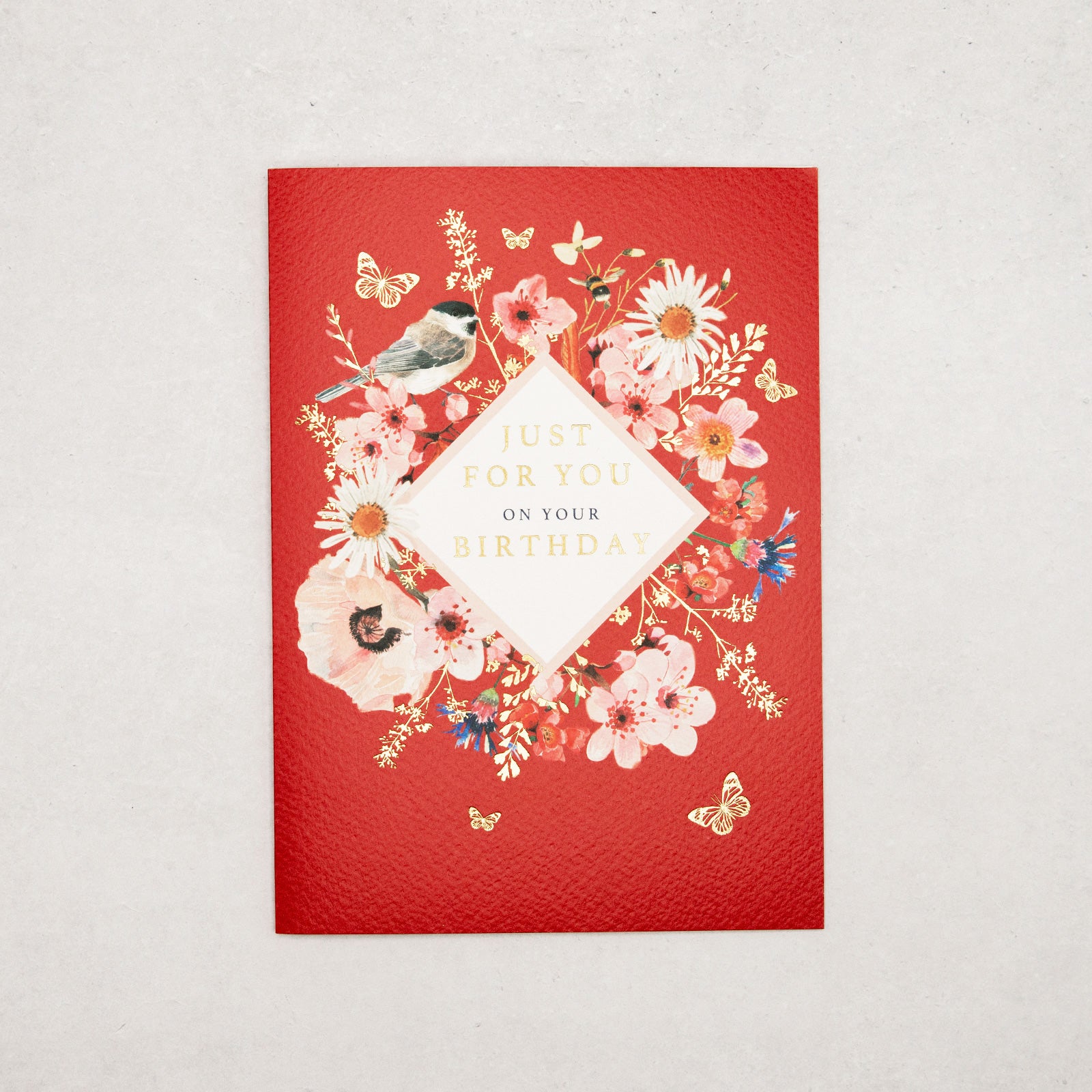 イギリス　グリーティング カード　花柄　レッド　Happy Birthday